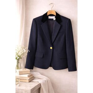 Vintage Navy 100% Wool Blazer 4 USA Made Velvet Collar Equestrian Dark Academia